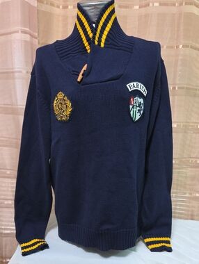 Parish Navy Shawl Collar Sweater with Crest Patches